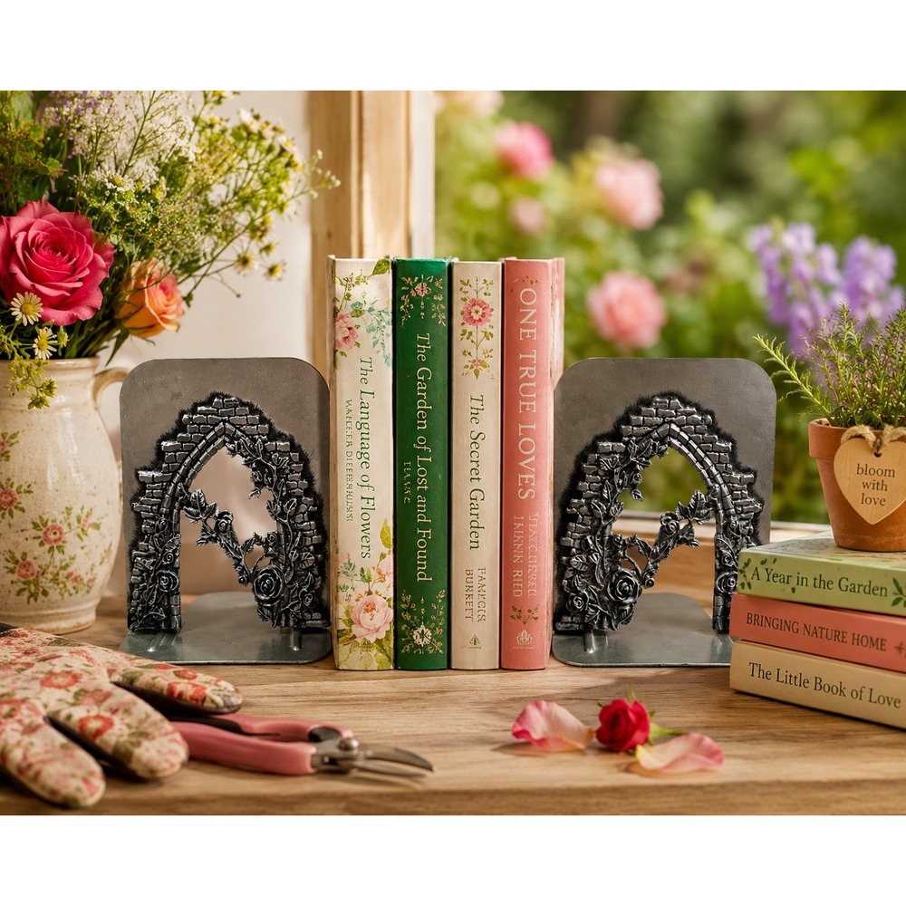 Vintage Gothic Rose Stone Cathedral Arch Metal Bookends Set Silver Gray Floral